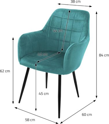 ECD Germany 6 стільців для їдальні з підлокітниками та спинкою, м'які крісла з велюровим покриттям, металеві ніжки, ергономічні стільці для обіднього столу, бірюзовий колір