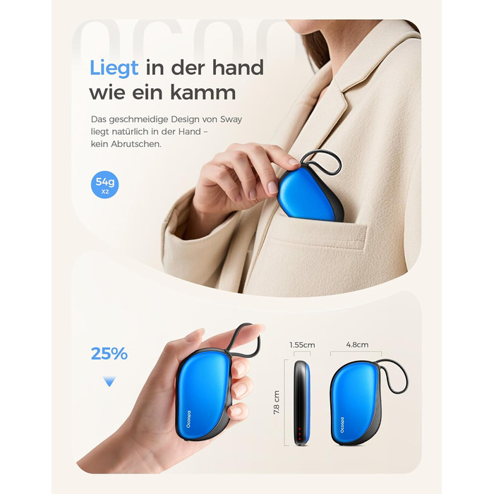 Електричні грілки для рук OCOOPA 2 шт. з дизайном гребінця, багаторазові, 4000mAh, 1.5 см, для рукавичок та кишень, подарунок на Новий рік, для жінок, зимові аксесуари, UT5 Sway Wiesengeflüster (Ocoopa x Artist Edition) (Блакитний)