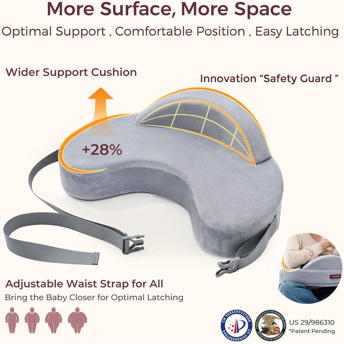 Підтримка для годування Momcozy Innovatives Stillkissen з Memory Foam – стабільна та м'яка, ергономічна, широка, регульована, знімний чохол, сірий (преміум-меморі-піна) CozyLite