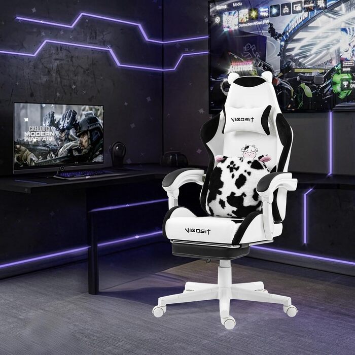 Ігровий крісло з милою формою та подушкою Каваї, ергономічний комп'ютерний ігровий стілець для дівчат з підтримкою попереку та підставкою для ніг, зручне відкидне крісло для підлітків (чорно-білий)