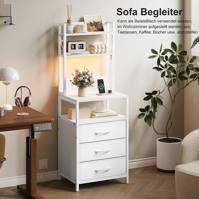 Нічний столик з підзарядкою та LED, бічний столик з 3 висувними ящиками з тканини, тумбочка з полицею для книг, відкрите відділення, 2 розетки AC, USB та Type C порти, для спальні, вітальні, офісу (40x30x60 см, Білий, 1)