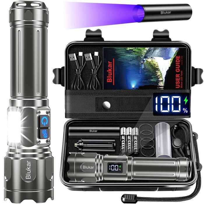 Ліхтарик Blukar LED з двома кольорами світла, головним та бічним COB-світлом, акумуляторний, з регулюванням яскравості та зумом, 7 режимів, водонепроникний, сірий