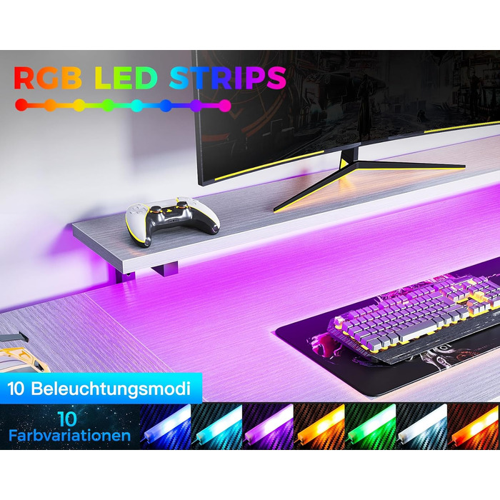 Кутовий стіл ODK з 4 шухлядами, місцем для зберігання, 2 розетками та 2 USB-портами для зарядки, з підсвічуванням LED та підставкою для монітора, 167×102 см, білий