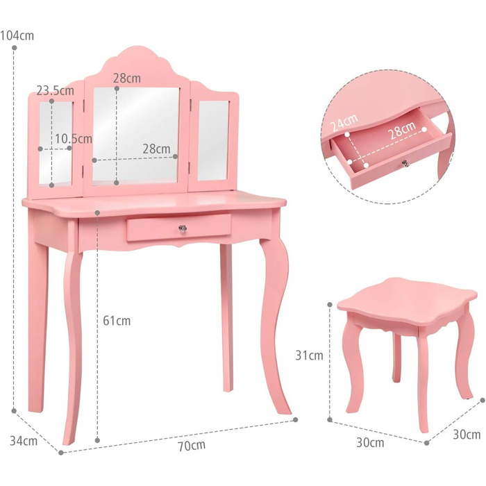 Набір дитячих туалетних столиків з табуреткою та дзеркалом, туалетний столик Princess, 70x34x104 см (Рожевий), 4LIFE