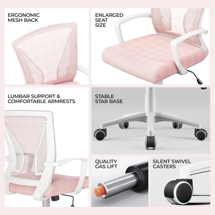 Офісний стілець Yaheetech ергономічний з сітчастою спинкою, регульований, з підлокітниками, до 136 кг (Рожевий)