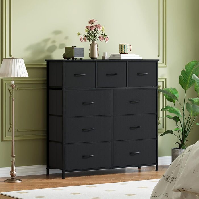 Комод Somdot з висувними ящиками, тканинний комод, комод для спальні, вітальні, передпокою, шафа для зберігання, 5 тканинних ящиків, білий колір (чорний, 30T x 100B x 96.5H см (9 ящиків))
