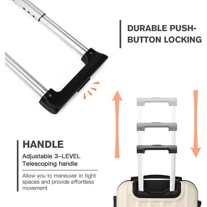 KONO Легкий ручний багаж, 55 x 35 x 20 см, жорсткий корпус, ABS, 4 колеса, бежевий колір