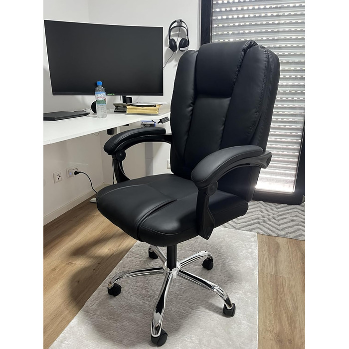 Офісний стіл Naspaulro Ergonomischer Bürostuhl з регульованою висотою та високою спинкою, м'яке сидіння, поворотний крісло з бавовняно-льняної тканини, коліщата, для роботи (чорний, шкіра)