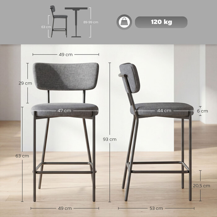 Набір з двох барних стільців, м'які барні стільці з вигнутою спинкою, для кухонного острова, зони сніданків, сірого кольору.