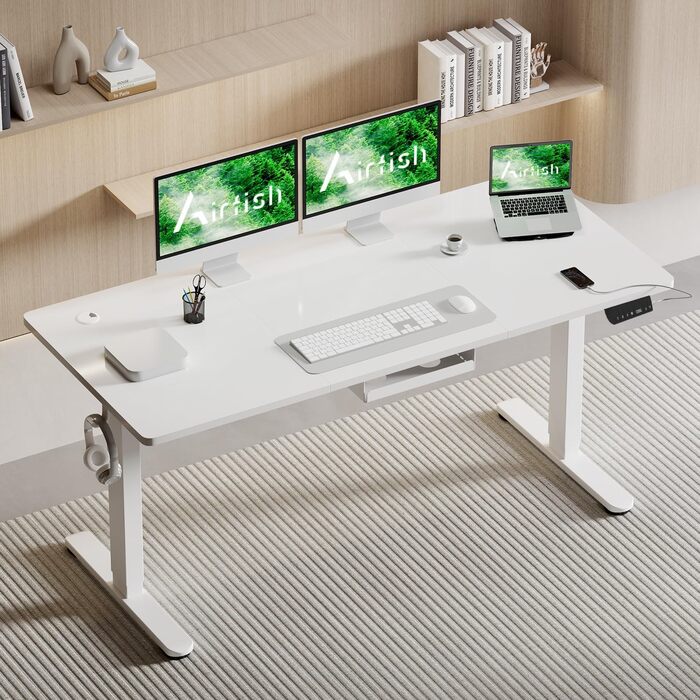 Електричний регульований стіл Airfish 120x80 см з USB-C, керуванням кабелів та 3 рівнями пам'яті (білий)