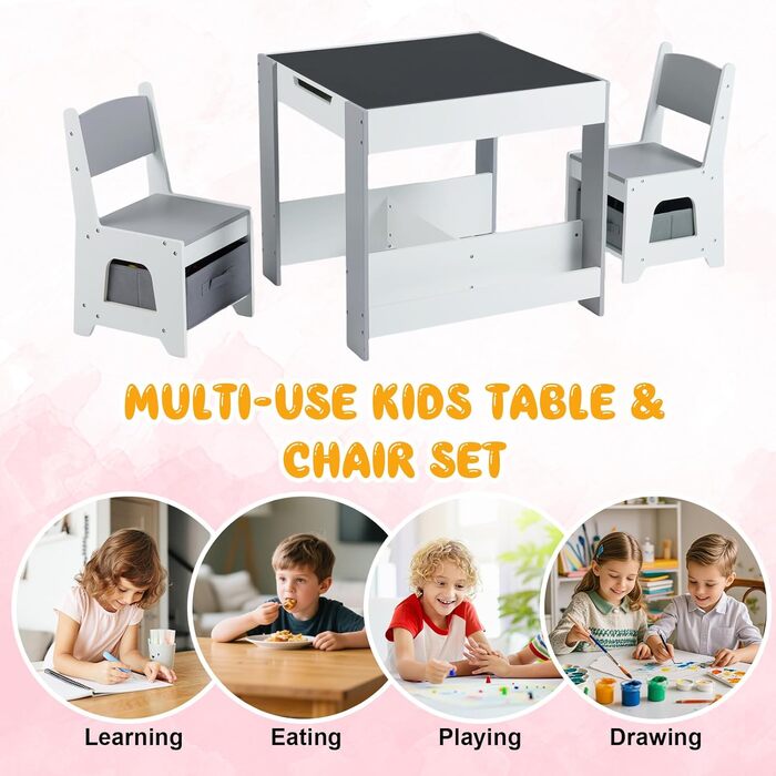 Дитячий стіл LIFEZEAL 3 в 1 з 2 стільцями: стіл для малювання, активностей та обідній стіл. Дерев'яна дитяча група з місцем для зберігання (світло-сірий)