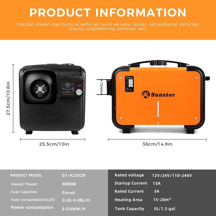 Дизельний опалювач 8kW з Bluetooth, 12V/24V/230V для вантажівки, автодому, транспорту. Автоматичний старт-стоп, 2025 (Помаранчевий)