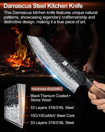 Ніж Сантоку XINZUO Damaststahl 19,3 см з нержавіючої сталі Дамаск, професійний кухонний ніж, серія Mo, ергономічна ручка з білого дуба