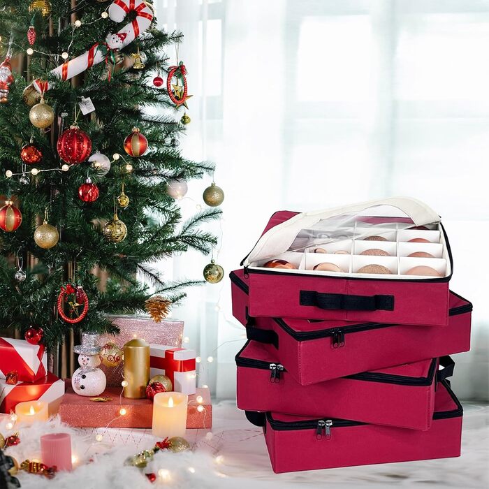 Коробка для прикрас на ялинку VERONLY з перегородками, складана, з ручками та кришками (4 шт., червона)