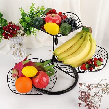 Самтрі 3 поверх залізна ваза для фруктів, кошик для фруктів, кошик для овочів, зберігання фруктів, для овочів хліб і фрукти на кухні (лист лотоса,) (чорний)