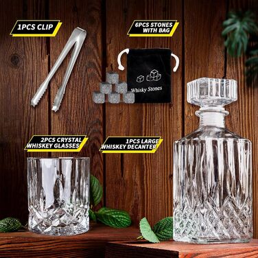 Набір для віскі: декантир, 6 склянок, охолоджуючі камені, кліп. Без свинцю. Преміум якість. Ідеальний подарунок для чоловіків
