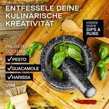 Гранітний млинок для спецій з товкачиком, щіткою для чищення, рецептами песто та дерев'яною підставкою – 350 мл