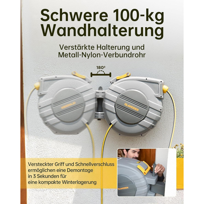 Шланговий барабан GLAHODEN з садовим шлангом 40 м + 2 м, стійкий до сонця та морозу, поворотний на 180°, настінна шланговий бокс з 9-функціональною розпилювальною насадкою