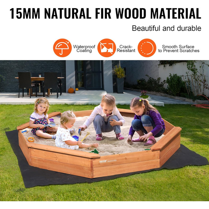 Дерев'яний пісочниця VEVOR з кришкою, восьмигранна пісочниця, пісочниця з 4 місцями для сидіння та підстилкою, дитяча пісочниця для саду, подарунок для хлопчиків та дівчаток віком 3–12 років, дерево + восьмигранна форма