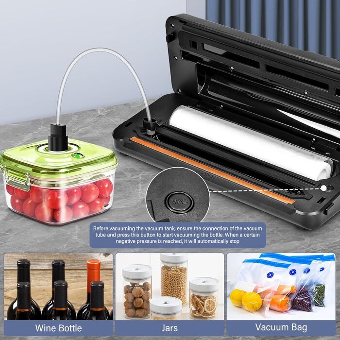 Вакууматор 8-в-1 для сухої та вологої їжі, вакуумний пакувальник 80 кПа з вбудованим різаком, відсіком для пакетів та цифровим таймером (Чорний)