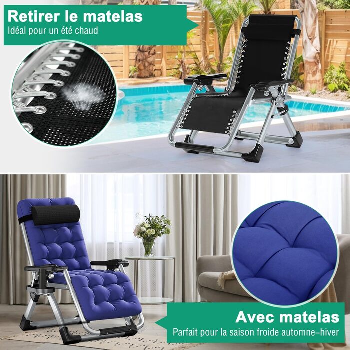 Шезлонг для відпочинку Klappbar, витримує до 200 кг, регульований, з підставкою для напоїв, широка, для саду, патіо, пляжу, басейну (Marineblau)
