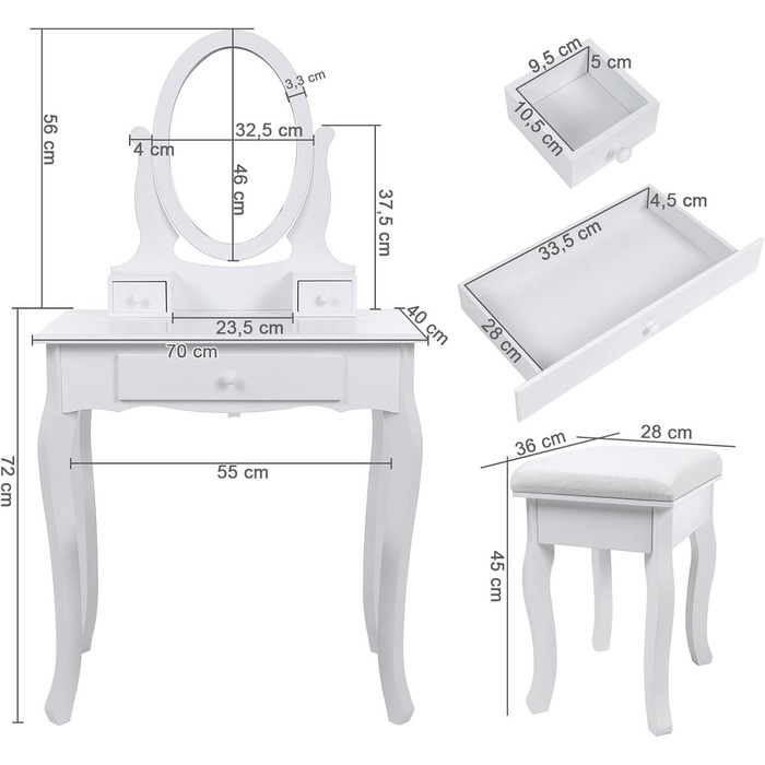 Туалетний столик, 3 дзеркала, табурет, 4 висувних ящика, перегородка основи, пристрій проти нахилу, білий, 70x130x40 см