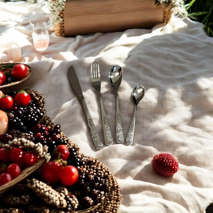 Набір дитячого посуду Kinderbesteck з гравіюванням 'Друзі лісу', 4 шт. з іменем, з нержавіючої сталі