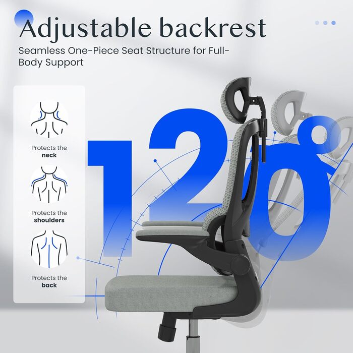 Органічний офісний стіл FLEXISPOT з 2D-підголівником, відкидними підлокітниками та динамічною поперековою підтримкою. Стілець з функцією нахилу 120° для дому, офісу та робочого кабінету (51 x 73 x 115 см, сірий)