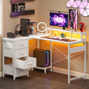 Кутовий стіл YITAHOME з LED-підсвічуванням, 4 шухлядами, 2 розетками та USB-портами, 130x100 см (білий)