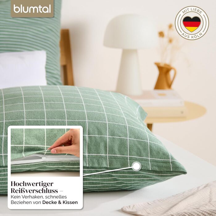 Бетліня Blumtal Biber 200x200 + 2x 80x80 см, бавовна, фланель, Oeko-TEX, преміум якість, зимова, двостороння, тауп (зелений малюнок)