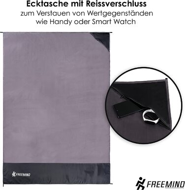 Ковдра для пікніка freemind на відкритому повітрі XL-надлегке тонке пляжне ковдру - 140 x 200 см - водостійке, компактне, без піску - міні-кишенькове ковдру для кемпінгу - в комплекті. Сумка для перенесення, 4 кілочка, карабін (сіро-Чорний Xl)