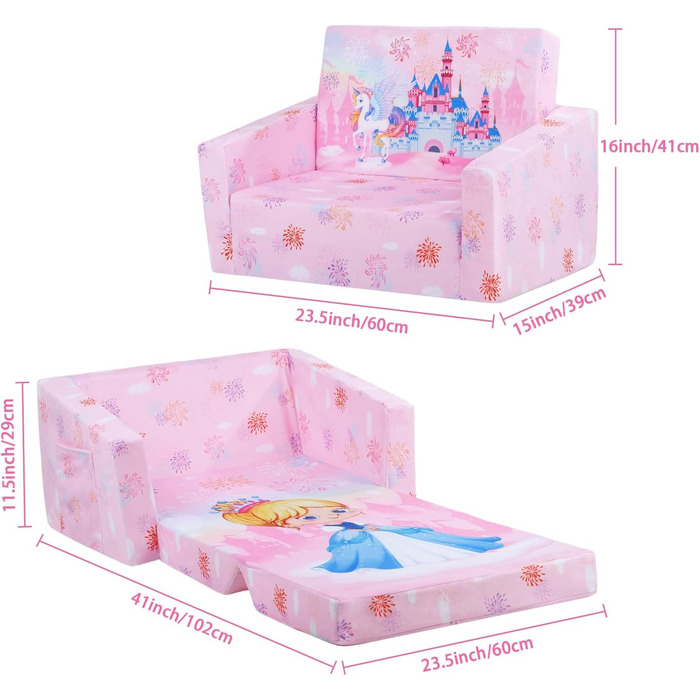Дитяче крісло-диван 2 в 1 з кишенькою та антиковзаючим подушкою, розкладне, для спальні, вітальні, ігрової кімнати (Принцеса)