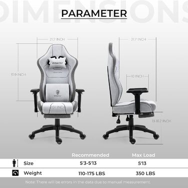 Ігрове крісло Dowinx Тканина, Ергономічне з масажем, Офісне крісло для ПК XXL з підставкою для ніг, Сірий