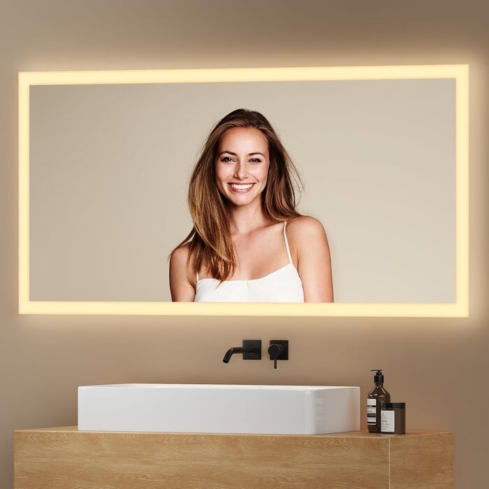 Дзеркало для ванної кімнати EMKE® з підсвічуванням 80x60 см, тепле біле світло 3000K, вимикач, вертикальна/горизонтальна установка, IP44, енергозберігаюче