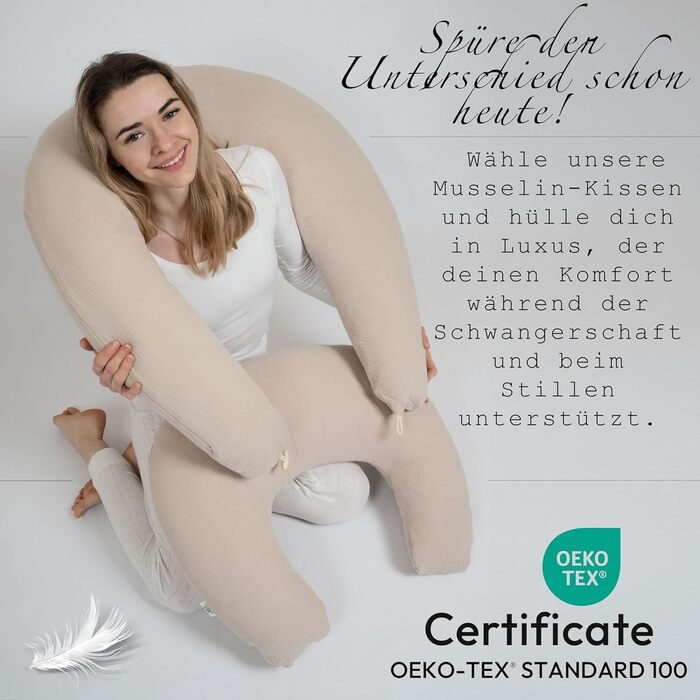 Подушка для годування та вагітності PaLulli XL (170x30 см), органічна бавовна, мусліновий чохол, сіра