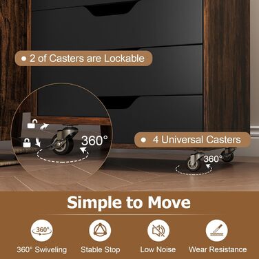 Роликовий контейнер GIANTEX з 5 висувними ящиками, комод на колесах під стіл, офісний шафчик для дому та офісу (білий, чорний + коричневий), 49 x 40 x 87 см