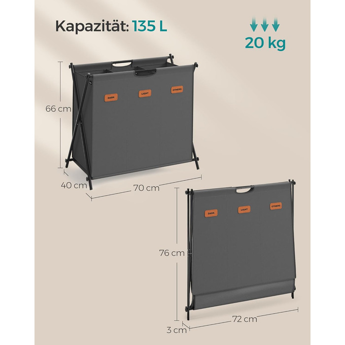 Кошик для білизни SONGMICS, 2 відділення, складний, X-Frame, етикетки, 135 л, шиферно-сірий, LCB120B01