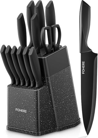 Набір ножів FOHERE 13 предметів з підставкою, нержавіюча сталь, з інтегрованим точилом, антипригарне покриття, ергономічні ручки, чорний граніт