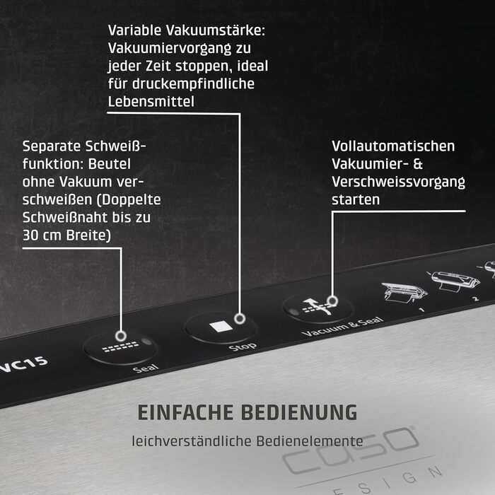 Вакууматор CASO VC15 для продуктів харчування з функцією герметизації та набором професійних пакетів