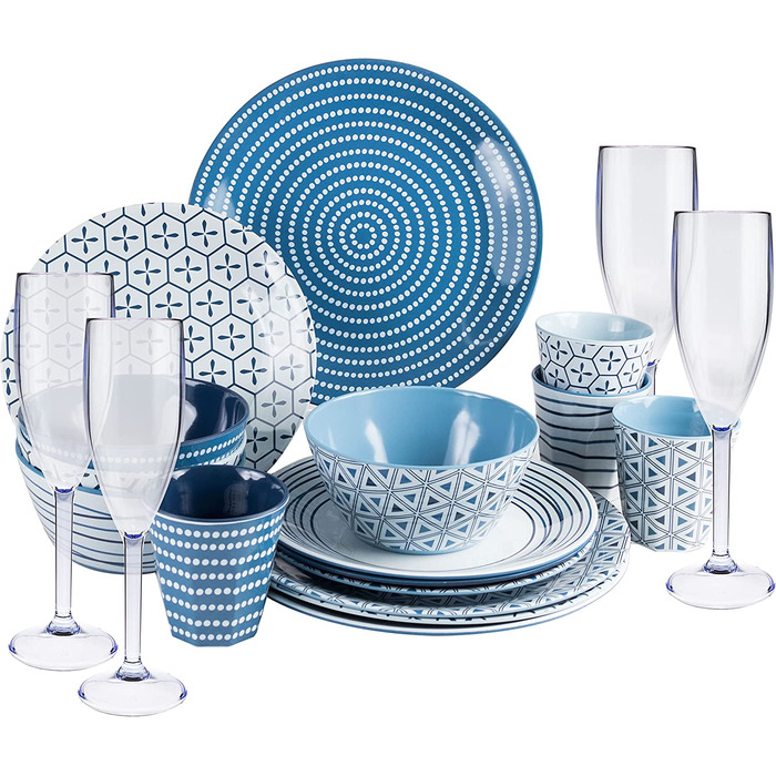 Набір посуду для кемпінгу на 4 особи, блакитно-білий, з меламіну, 16 предметів + акрилові келихи (20 предметів)