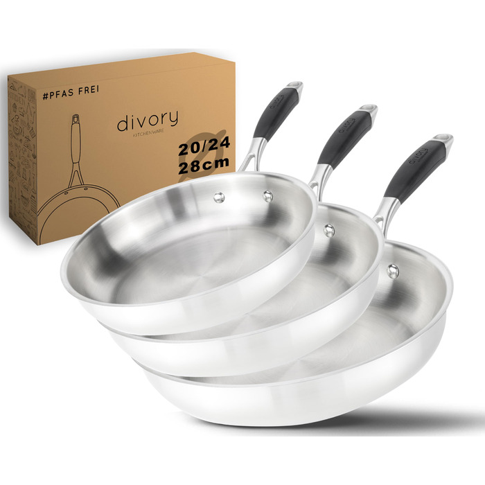 Набір сковорідок з нержавіючої сталі PURA 20, 24, 28 см – без покриття PTFE/PFOA, для індукції та всіх плит