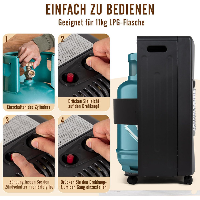 Газовий обігрівач Todeco 4200W з керамічним нагрівачем, чорний колір, 3 режими нагріву, з регулятором тиску, шлангом, для балконів та добре провітрюваних приміщень