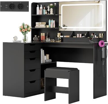 Дзеркальний столик для макіяжу Devoko з LED-підсвічуванням та пуфом, кутовий туалетний столик з розеткою, 5 ящиків, відкриті полиці, тримач для фену, для спальні (Білий) (Чорний)