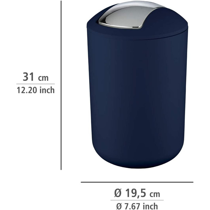 Косметичне відро wenko Brasil l ємністю 6,5 л, шикарне відро для сміття для ванної кімнати з відкидною кришкою, відро для гостьового туалету з небиткого пластику, що не містить бісфенолу А, Ø 19,5 х 31 см, темно-синє 6,5 л Темно-синє