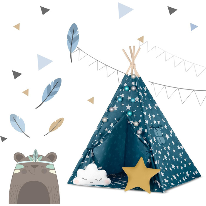 Дитячий намет NUKIDO Tipi з бавовни та дерев'яним каркасом, блакитний, 120x120x165 см