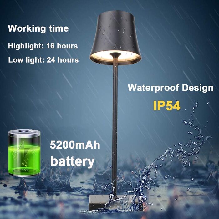 Настільна лампа бездротова 2 шт., 5200mAh, цинковий сплав, IP54, регулювання яскравості, тепле світло, для дому та кафе, білий/чорний