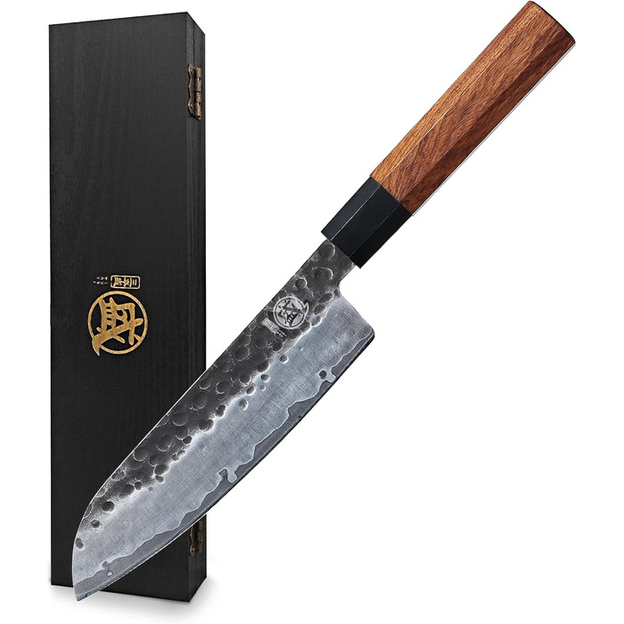 Японський ніж Mitsumoto Sakari Santoku 19 см з високоякісної сталі, ручка з рожевого дерева, подарункова коробка