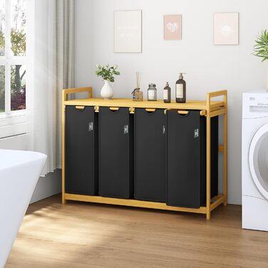 Кошик для білизни AdelDream Premium 200L з 4 відділеннями, висувний мішок для білизни з бамбуковим каркасом, бежевий, для ванної кімнати та спальні