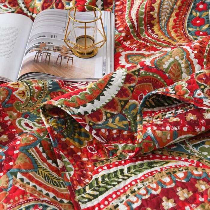 Покривало ENASAL 220x240см, покривало 230x250, Red Paisley, всесезонна ковдра з 2 наволочками