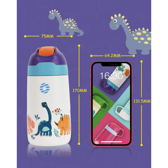 Дитяча пляшка для пиття FEIJIAN з нержавіючої сталі з соломинкою, герметична Термальна пляшка без бісфенолу А, пляшка для води з відкриванням в 1 клік для школи, дитячого садка (динозавр з джунглів, 350 мл)